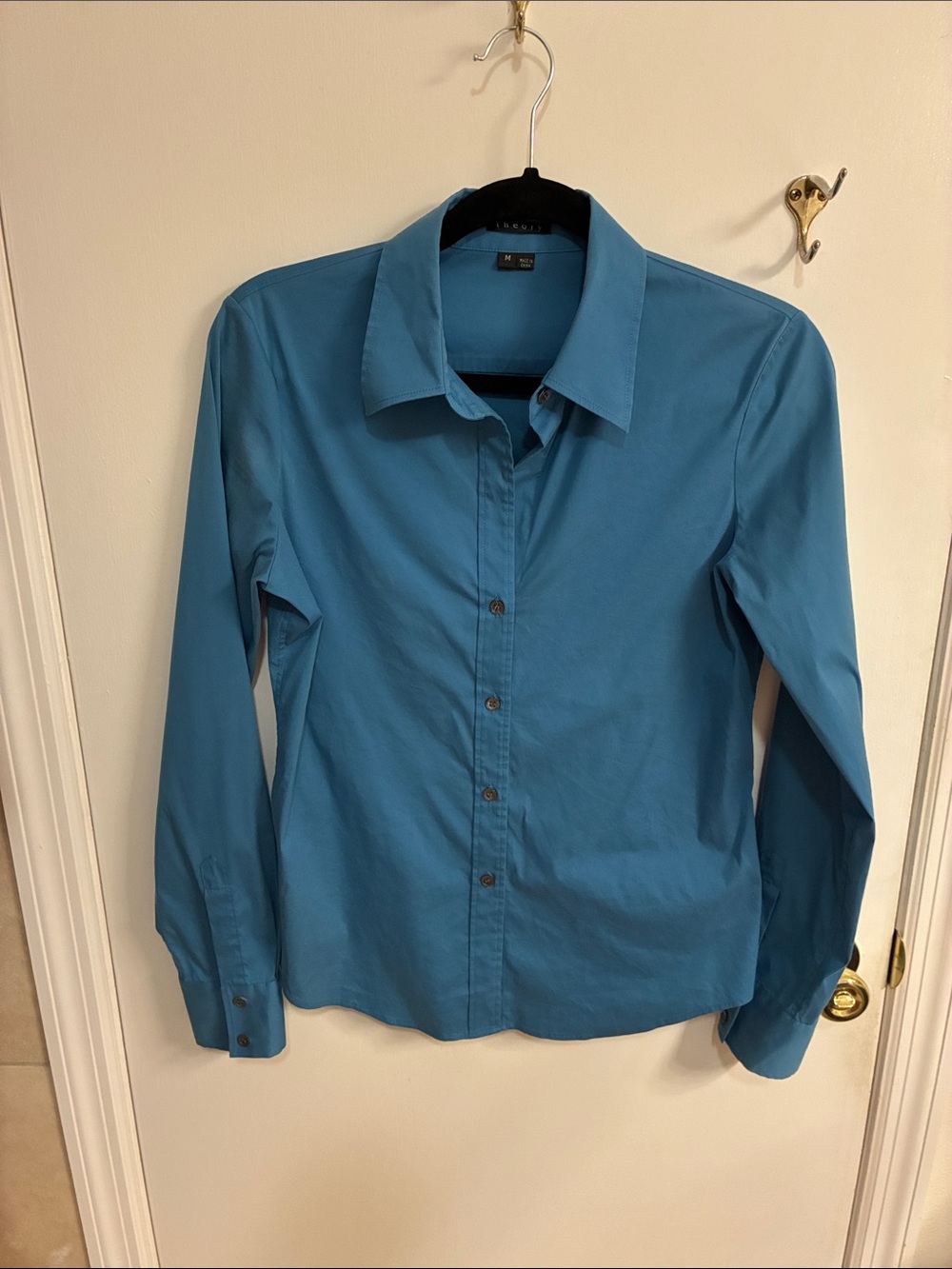 Theory Women’s Teal Button-Up Dress Shirt Sz M-Cotton Blend